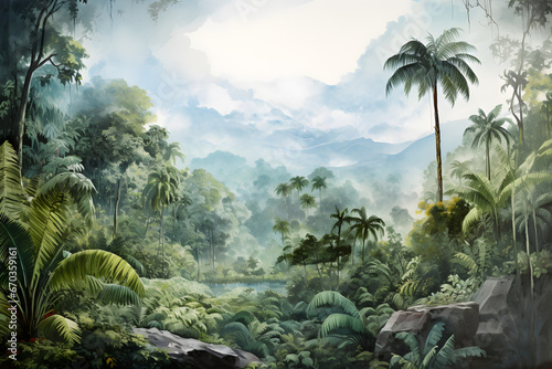 watercolour painting of the jungle landscape  a picturesque natural environment in soft harmonious colours