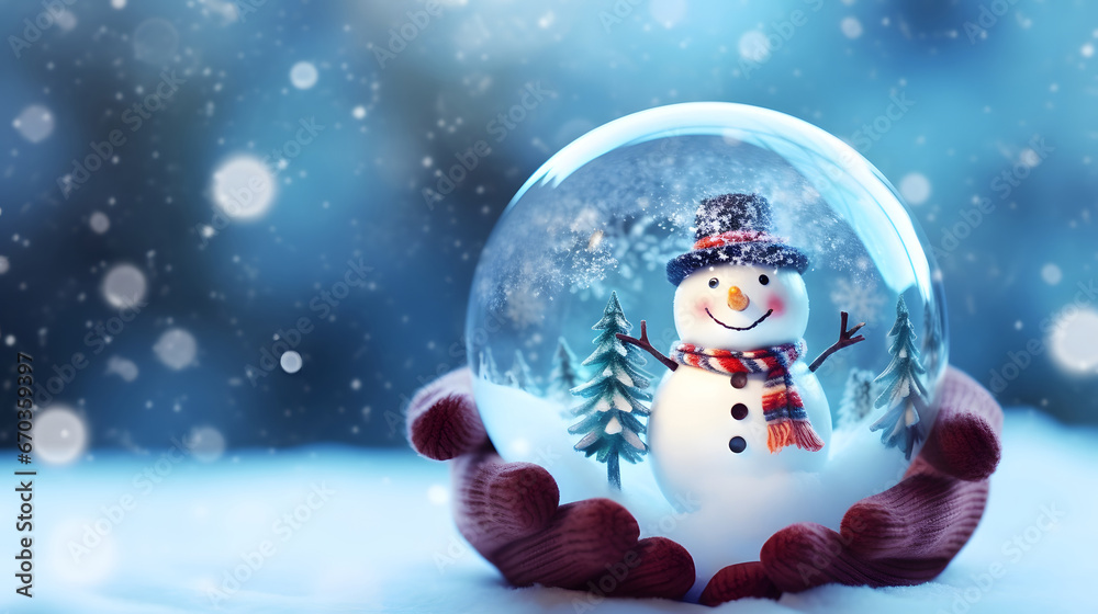 Obraz premium christmas decoration on a blue background, Christmas glass ball on snow with snowman inside. Winter scenery, copy space