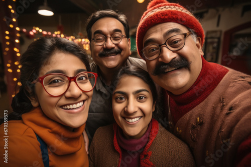 Indian family celebrating traditional festival and taking selfie together