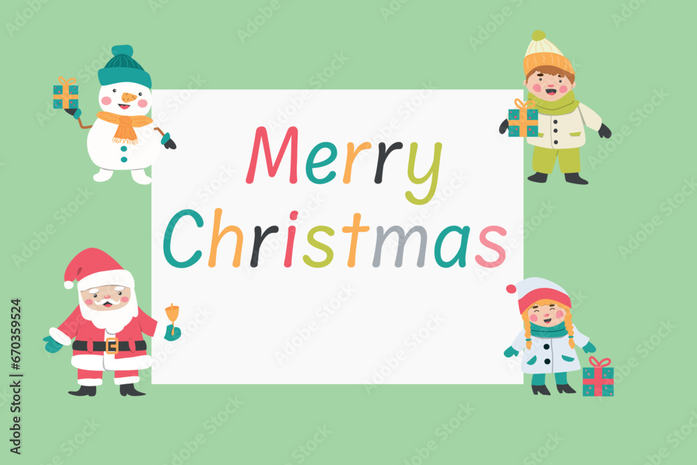 Trendy christmas card with cartoon characters