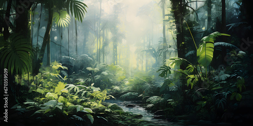 Fototapeta Naklejka Na Ścianę i Meble -  watercolour painting of the jungle landscape, a picturesque natural environment in soft harmonious colours