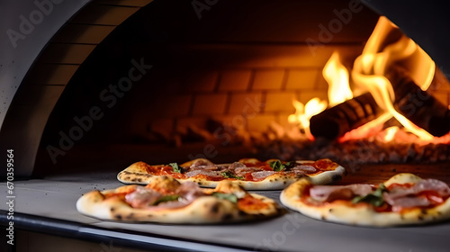 pizza in oven, close-up of a pizza oven with a pizza cooking inside