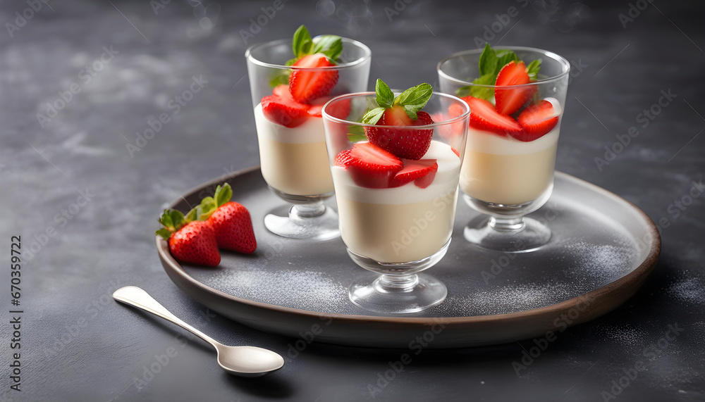 Italian dessert Panna cotta vanilla with strawberries in a glass on a dark background Italian dessert Panna cotta vanilla with strawberries in a glass on a dark background