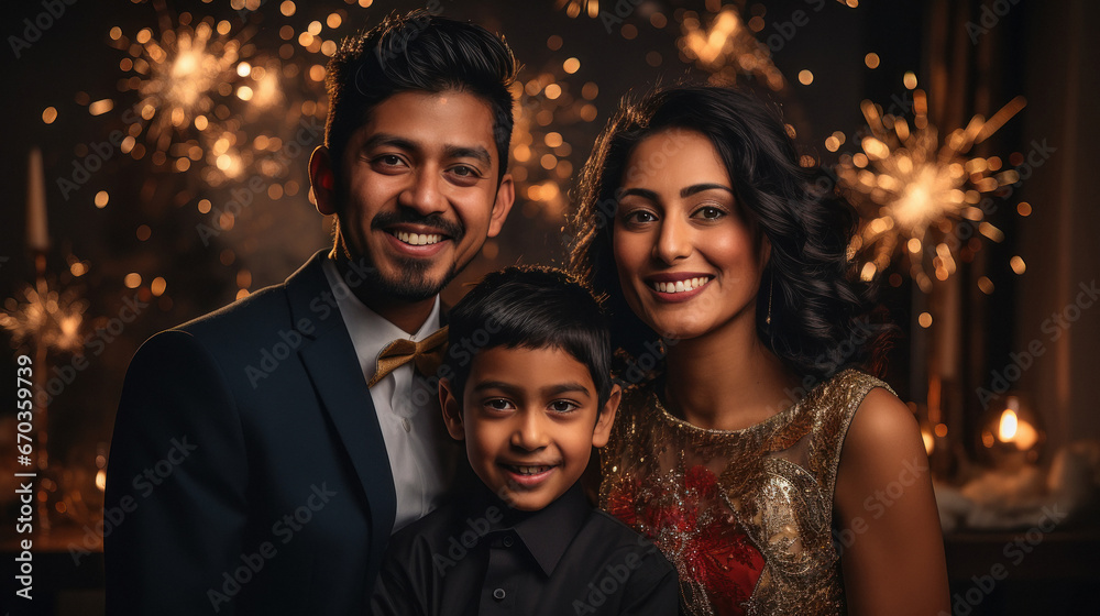 Happy indian family celebrating christmas and diwali festival. - obrazy, fototapety, plakaty 