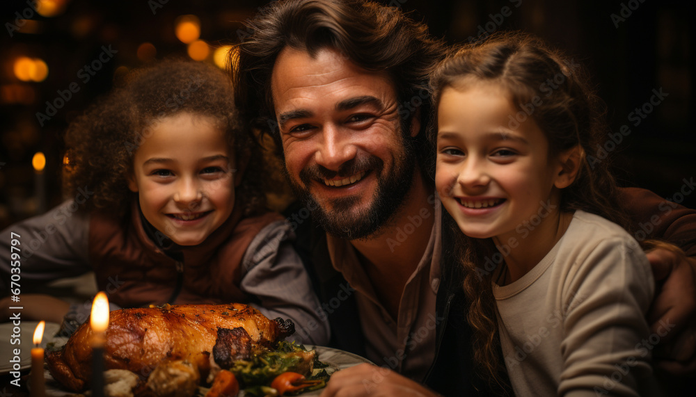 A happy family, smiling together, enjoying a meal at home generated by AI A happy family, smiling together, enjoying a meal at home generated by AI