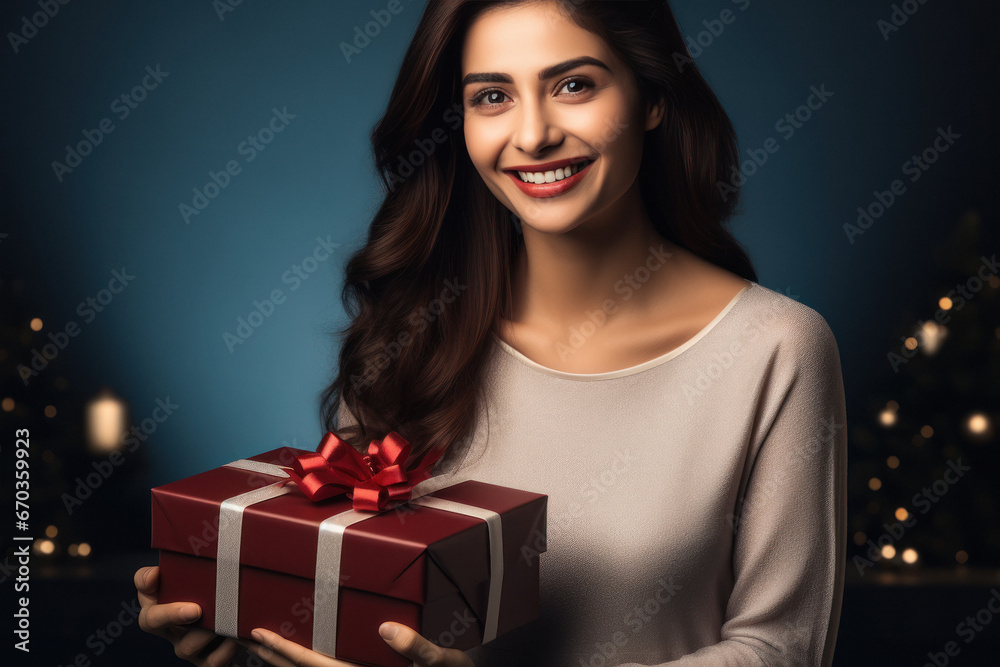 Beautiful woman holding gift box in hand Beautiful woman holding gift box in hand