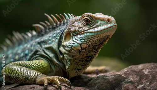 A green iguana crawls on a branch in the forest generated by AI