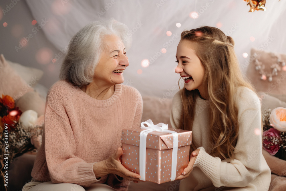 A young girl who giving gift to her grandmother