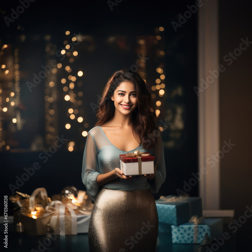Beautiful woman holding gift box in hand