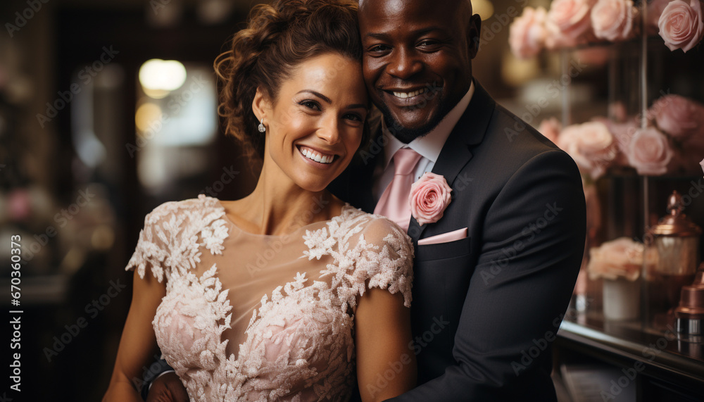Smiling bride and groom, love and happiness embrace their wedding generated by AI Smiling bride and groom, love and happiness embrace their wedding generated by AI