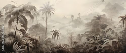 vintage sketch of the jungle landscape, a picturesque natural environment for wallpaper, wall art, card design photo