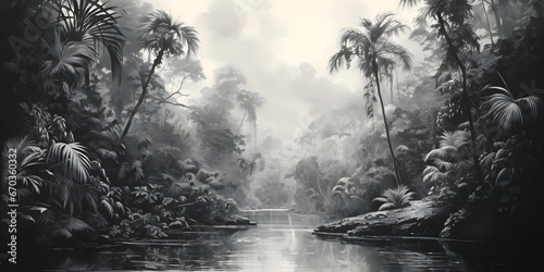 Fototapeta Naklejka Na Ścianę i Meble -  vintage sketch of the jungle landscape, a picturesque natural environment for wallpaper, wall art, card design
