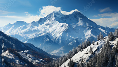 Majestic mountain peak  tranquil scene  snow covered landscape  winter beauty generated by AI