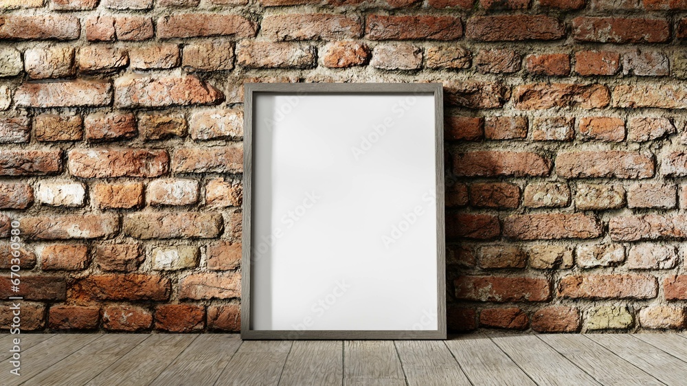 Empty blanc frame on brick wall, 3d illustration, White poster with blank frame mockup for you design. Layout mockup. Empty blanc frame on brick wall, 3d illustration, White poster with blank frame mockup for you design. Layout mockup.
