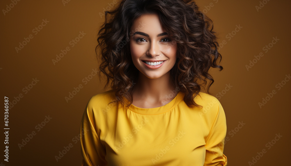 One beautiful woman with curly brown hair smiling at camera generated by AI One beautiful woman with curly brown hair smiling at camera generated by AI