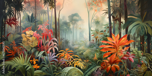 Fototapeta Naklejka Na Ścianę i Meble -  scenic painting of the jungle landscape, a picturesque natural environment in harmonious colours