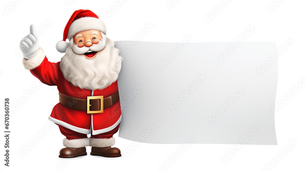 Santa Claus pointing in white blank sign for text on transparent background PNG