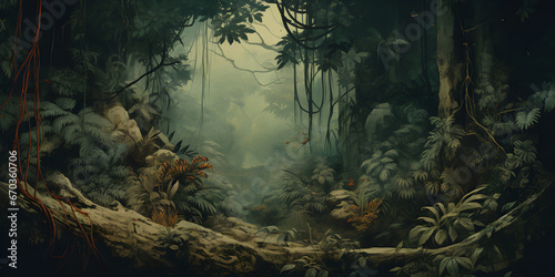 old vintage sketch of jungle landscape for wallpaper wall art