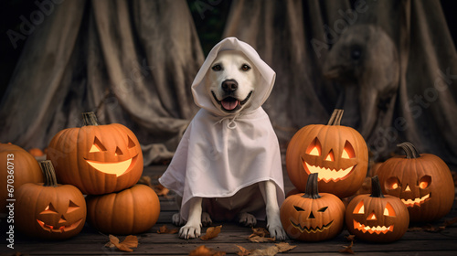 Dog wearing a ghost costume
