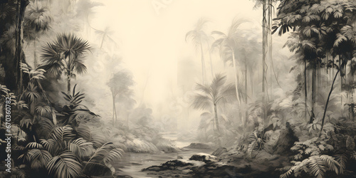 Fototapeta Naklejka Na Ścianę i Meble -  old vintage sketch of jungle landscape for wallpaper wall art