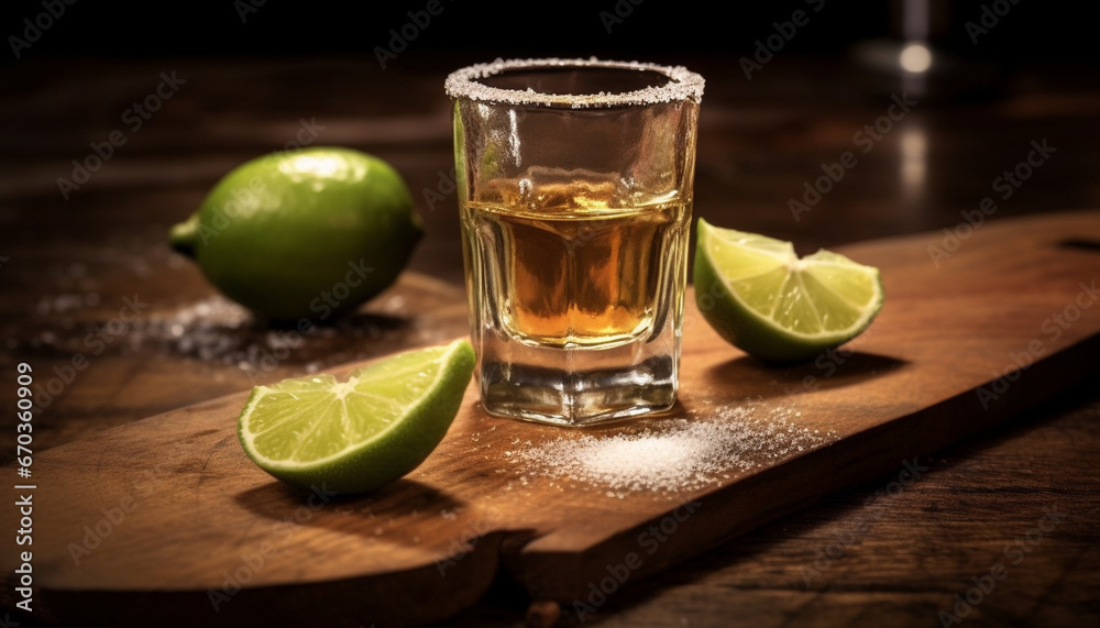 Fresh lime slice garnishes the tequila cocktail on wooden table generated by AI Fresh lime slice garnishes the tequila cocktail on wooden table generated by AI