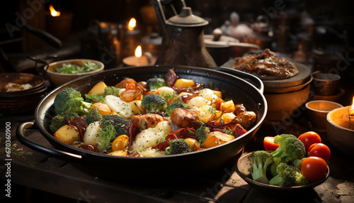 Fresh vegetables cooked on a rustic homemade cast iron grill generated by AI