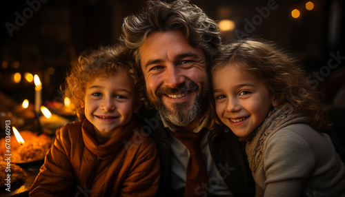 Smiling family, father, child, happiness, love, bonding, looking at camera generated by AI