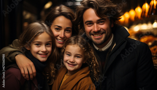 A happy family, smiling and embracing, enjoying winter night together generated by AI