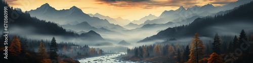 long narrow panorama autumn landscape forest in evening fog drone view of northern nature in Indian summer October in the mountains photo