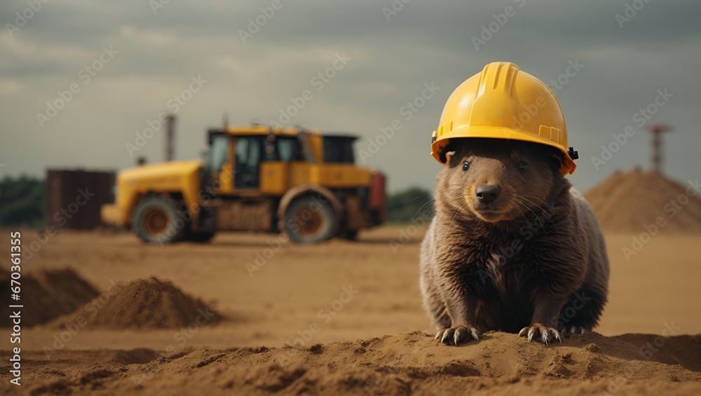 Mole with yellow helmet at construction site - obrazy, fototapety, plakaty 