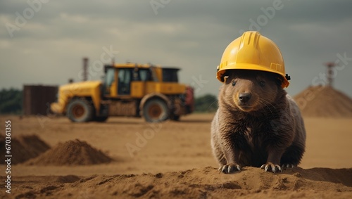 Mole with yellow helmet at construction site photo