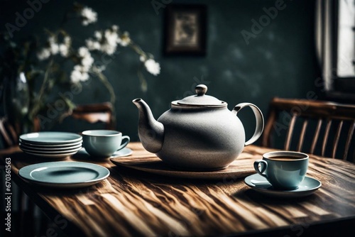 Wooden Table with Empty Tea Cup and Teapot