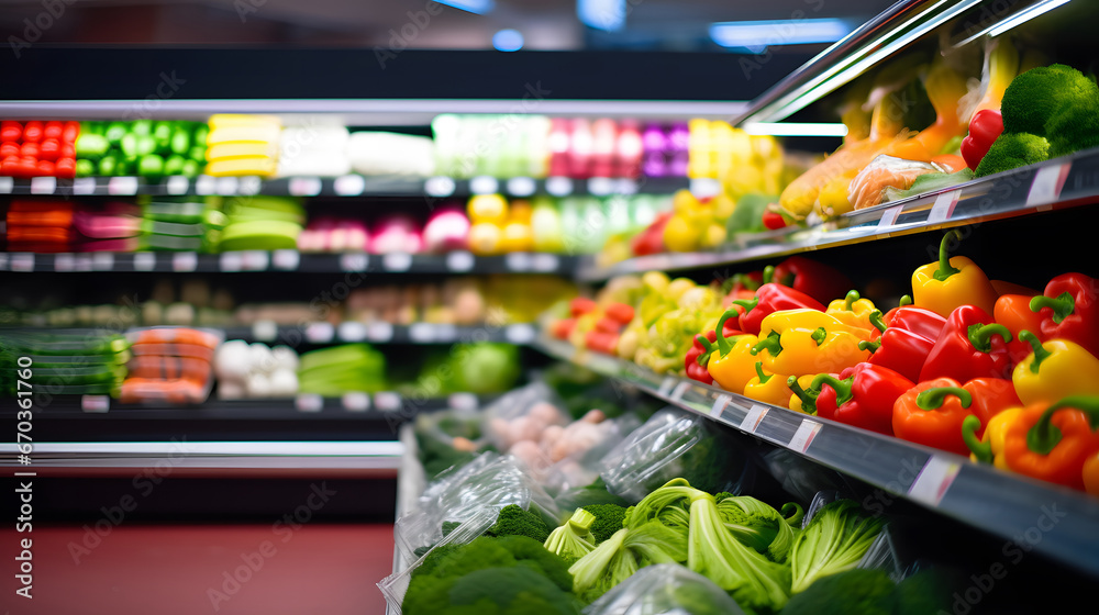 Fruits and vegetables in the refrigerated shelf of a supermarket, shopping in supermarket, 