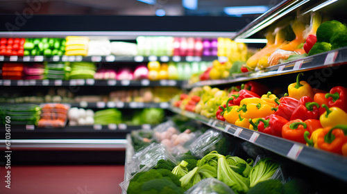 Fruits and vegetables in the refrigerated shelf of a supermarket, shopping in supermarket, 