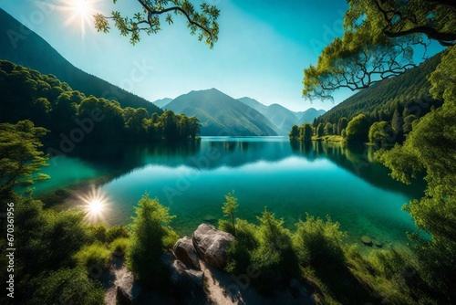 a beautiful blue lake in the valley one bank of lake a tibbat tree are there. and mountains are green .Beautiful birds are sitting on the tress.  © Sheh