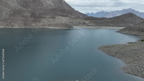 Cinematic Areial Video of Sadpara lake with rocky mountains clear water and beautiful blue sky in Sakardu Pakistan photo