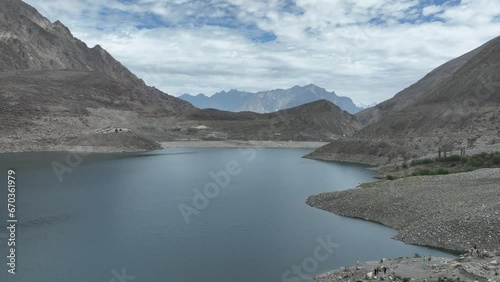 Drone Reveal shot of Sadpara lake in Skardu, Pakistan, Northern Area , cinematic views and beautiful sky photo
