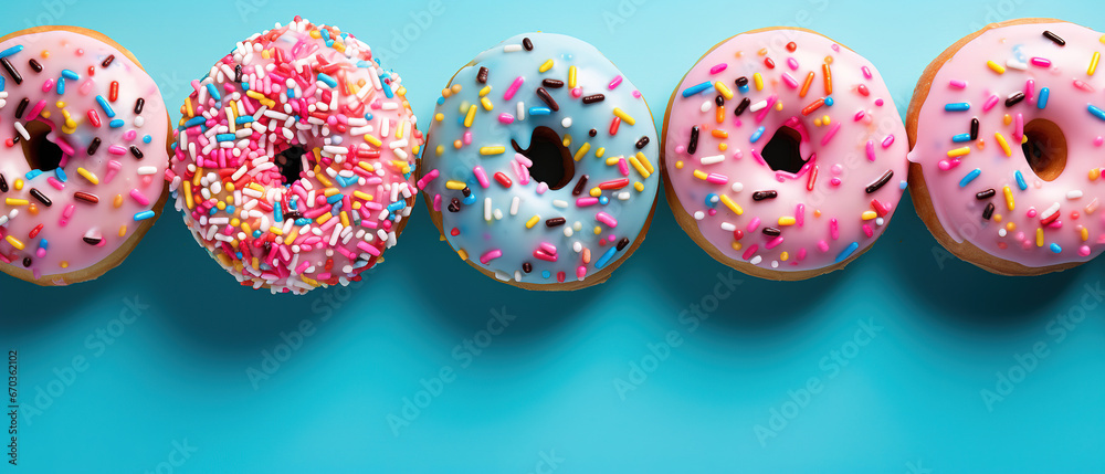minimalistic blue background with donuts, top view with empty copy space