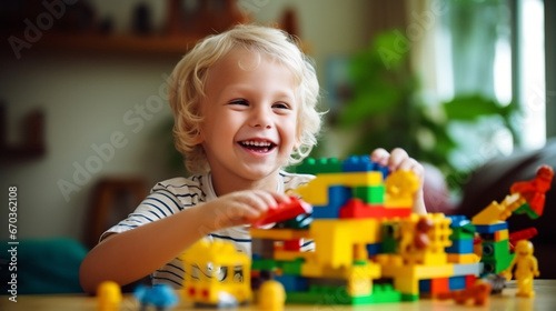 Cute little boy playing with colorful wooden block toys on floor at home
