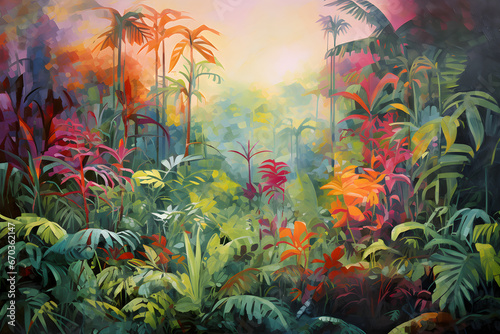 colourful impressionist painting of the jungle landscape, a picturesque natural environment in harmonious colours photo