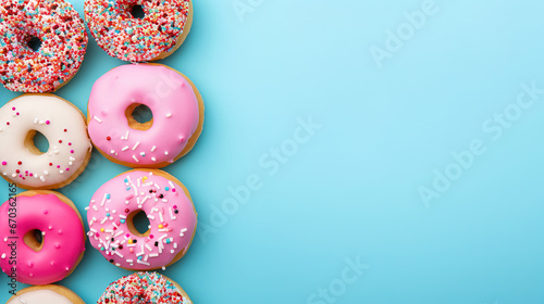 minimalistic blue background with donuts, top view with empty copy space