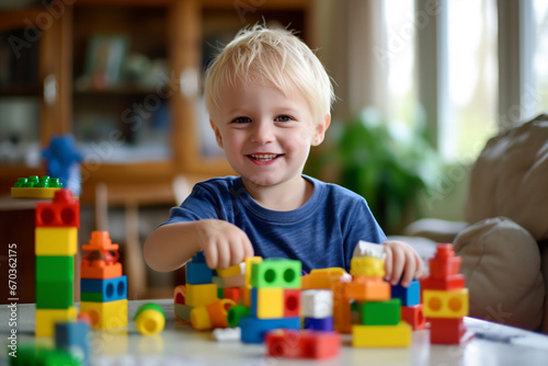 Cute little boy playing with colorful wooden block toys on floor at home