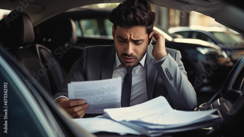 Young indian businessman sitting in car and feeling tired