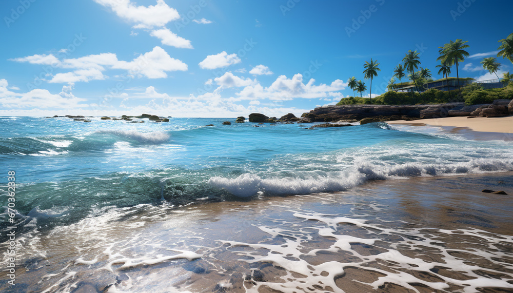 Tropical coastline, blue waters, palm trees summer paradise generated by AI
