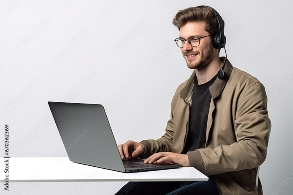 Businessman with headset using laptop against white wall Businessman with headset using laptop against white wall