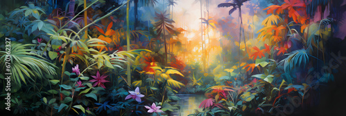 colourful impressionist painting of the jungle landscape  a picturesque natural environment in harmonious colours