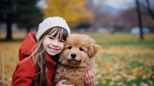 little girl with dog, Happy girl smiling hugging dog