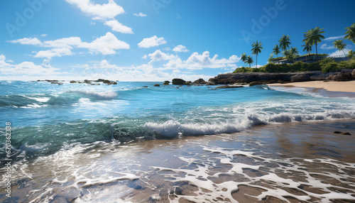 Tropical coastline, blue waters, palm trees summer paradise generated by AI © Jemastock