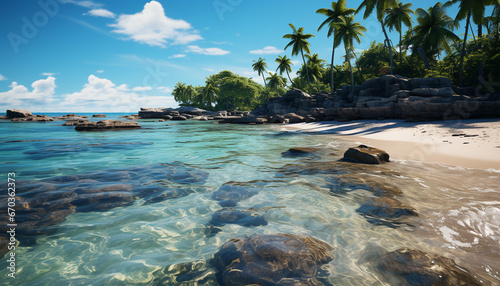 Tropical coastline, turquoise waters, palm trees, and tranquil sunset generated by AI