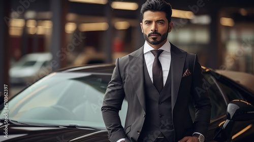 Young indian rich man in suit standing with his car.